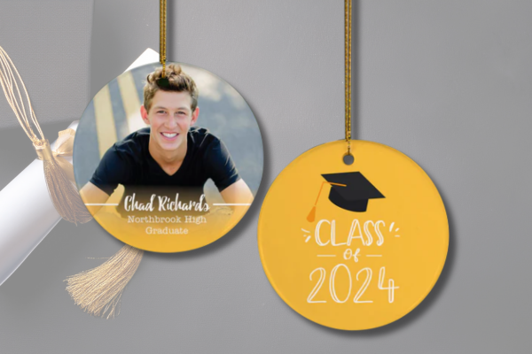 Personalized graduation photo ornament with graduate name, school, and class year.