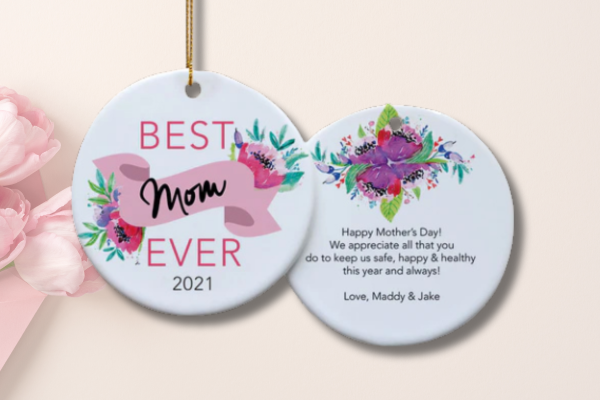 Personalized floral heart ornament with photo insert, soft pink accents, and custom message for Mom.