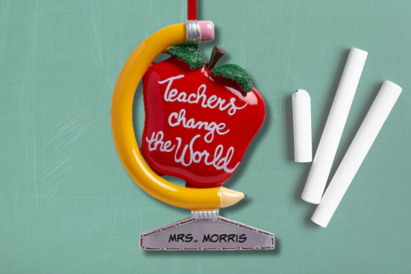 Personalized apple ornament with bright red design, teacher name, and custom thank-you message.
