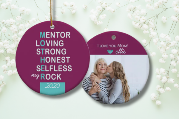 Personalized photo ornament with heart design, soft floral accents, and custom message for Mom.