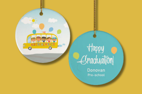 Personalized graduation ornament with cap design, bold “Class of” display, and custom name and year.