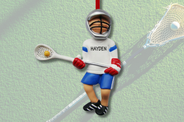 Personalized lacrosse ornament with crossed sticks design, player name, and custom team colors.