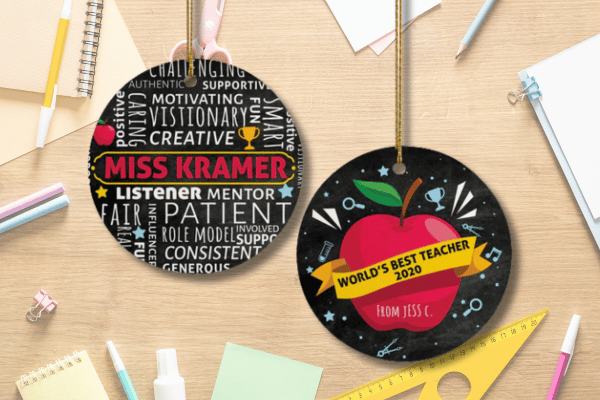Personalized travel ornament with cruise ship illustration or beach photo insert, custom destination and year.