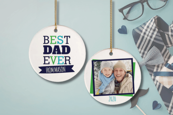 Personalized “Best Dad Ever” photo ornament with custom message, child’s name, and photo insert.