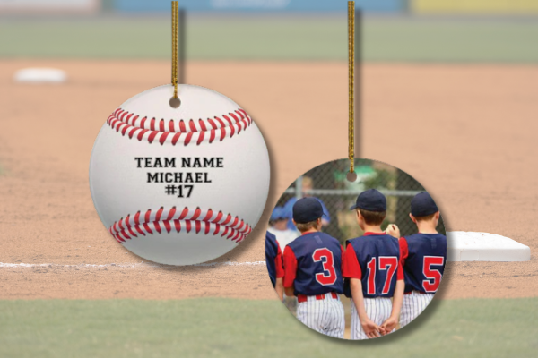 Personalized baseball photo ornament with team name, player number, and baseball team photo.