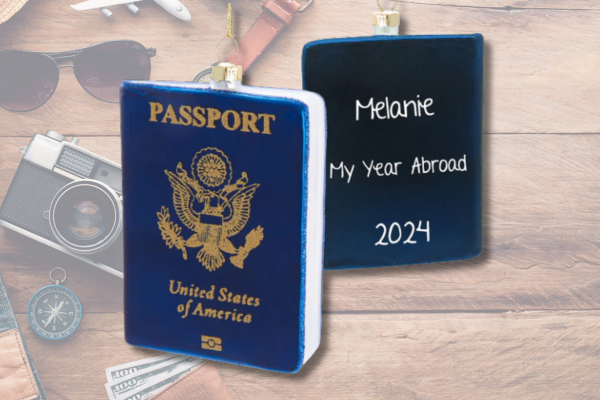 Personalized passport ornament with custom name and travel year for vacations or study abroad memories.