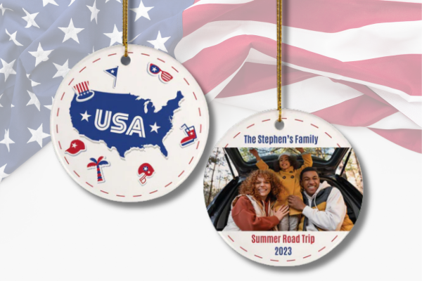 Personalized patriotic USA photo ornament featuring family road trip picture and red, white, and blue design.
