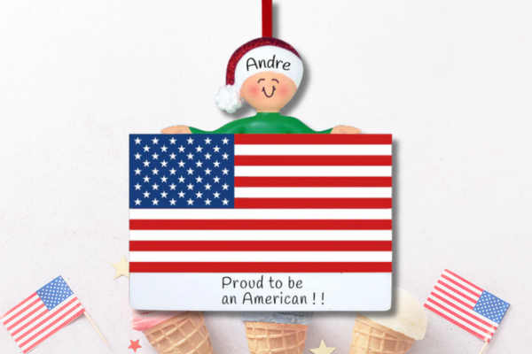 Personalized patriotic ornament featuring American flag and custom name for Fourth of July celebrations.