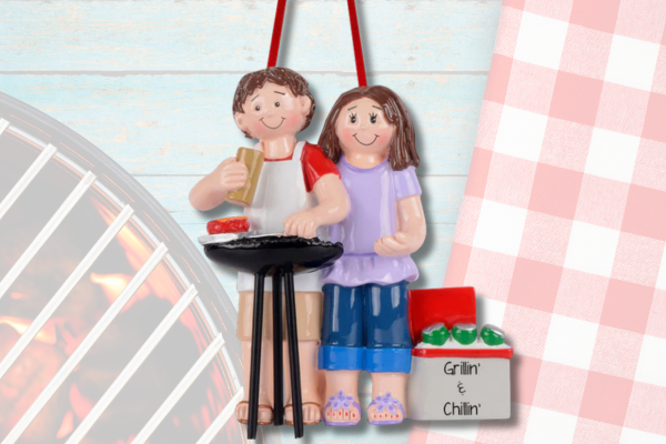 Personalized grilling ornament featuring couple cooking at barbecue with summer cookout theme.