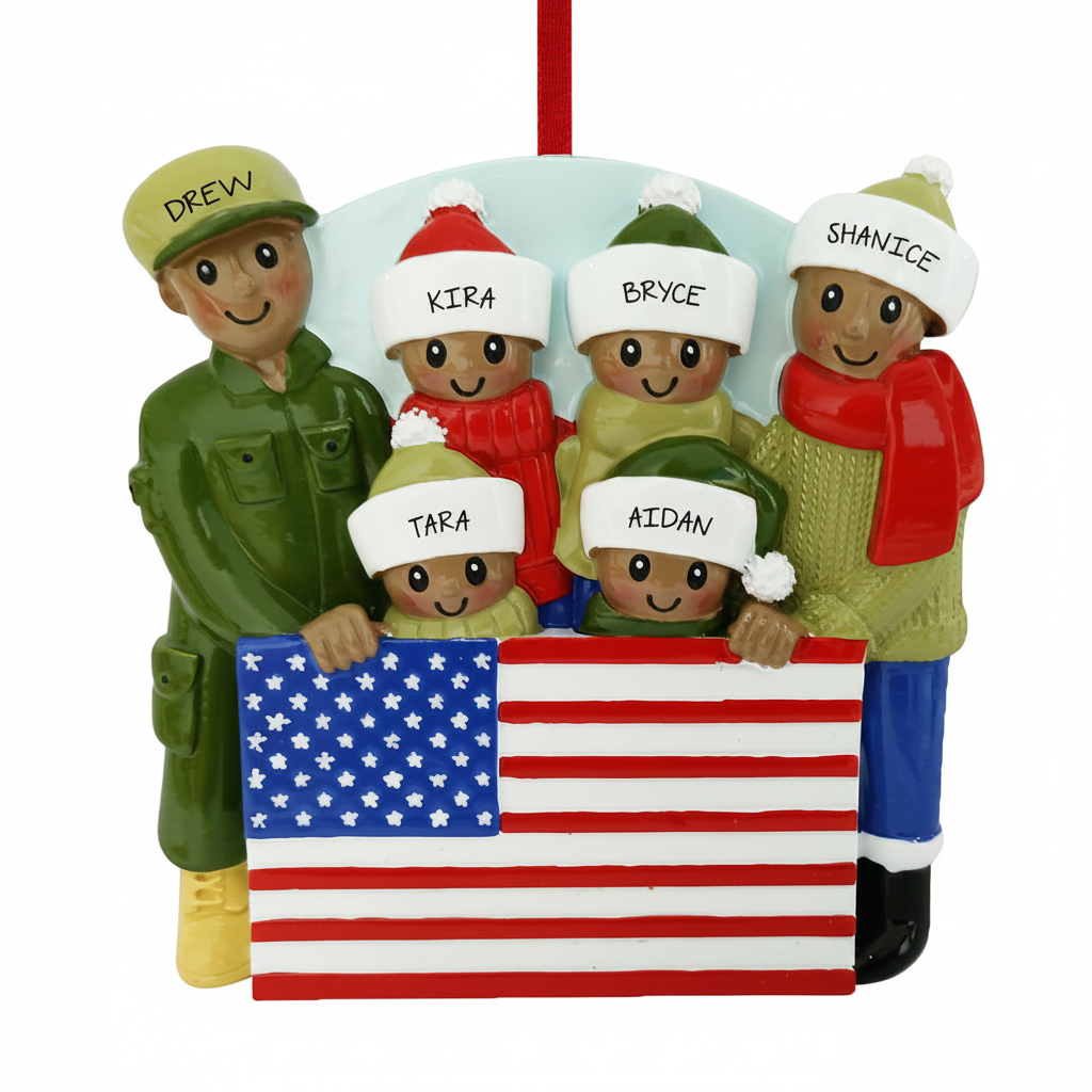 Personalized military family with American flag ornament with 6 names