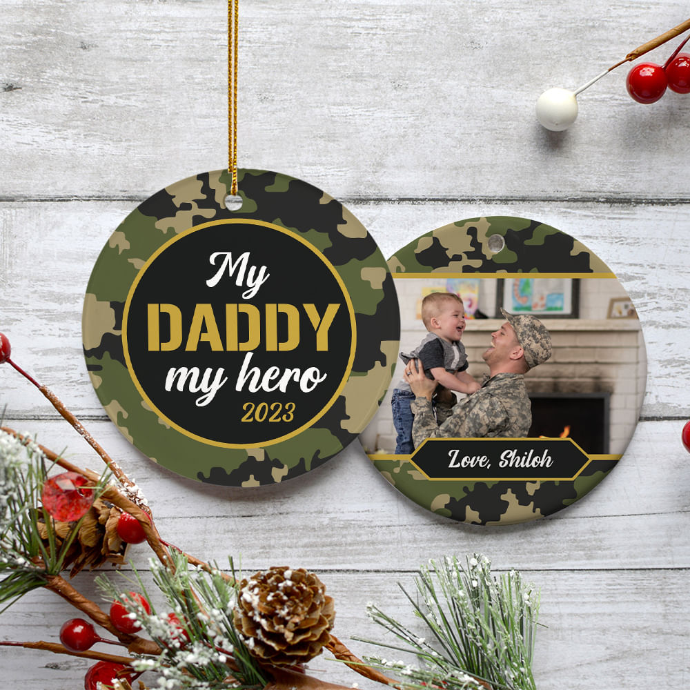 Personalized My Hero Dad military photo ceramic ornament with camouflage design and custom photo