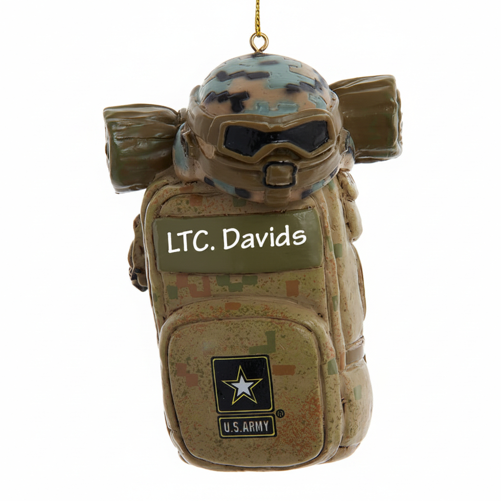 Personalized U.S. Army backpack ornament with tactical helmet and custom name