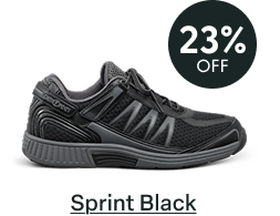 an image of a pair of black shoes with the words, 23 % off