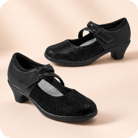 Elegant Mary Jane heels with water-repellant suede and adjustable strap for a custom fit.