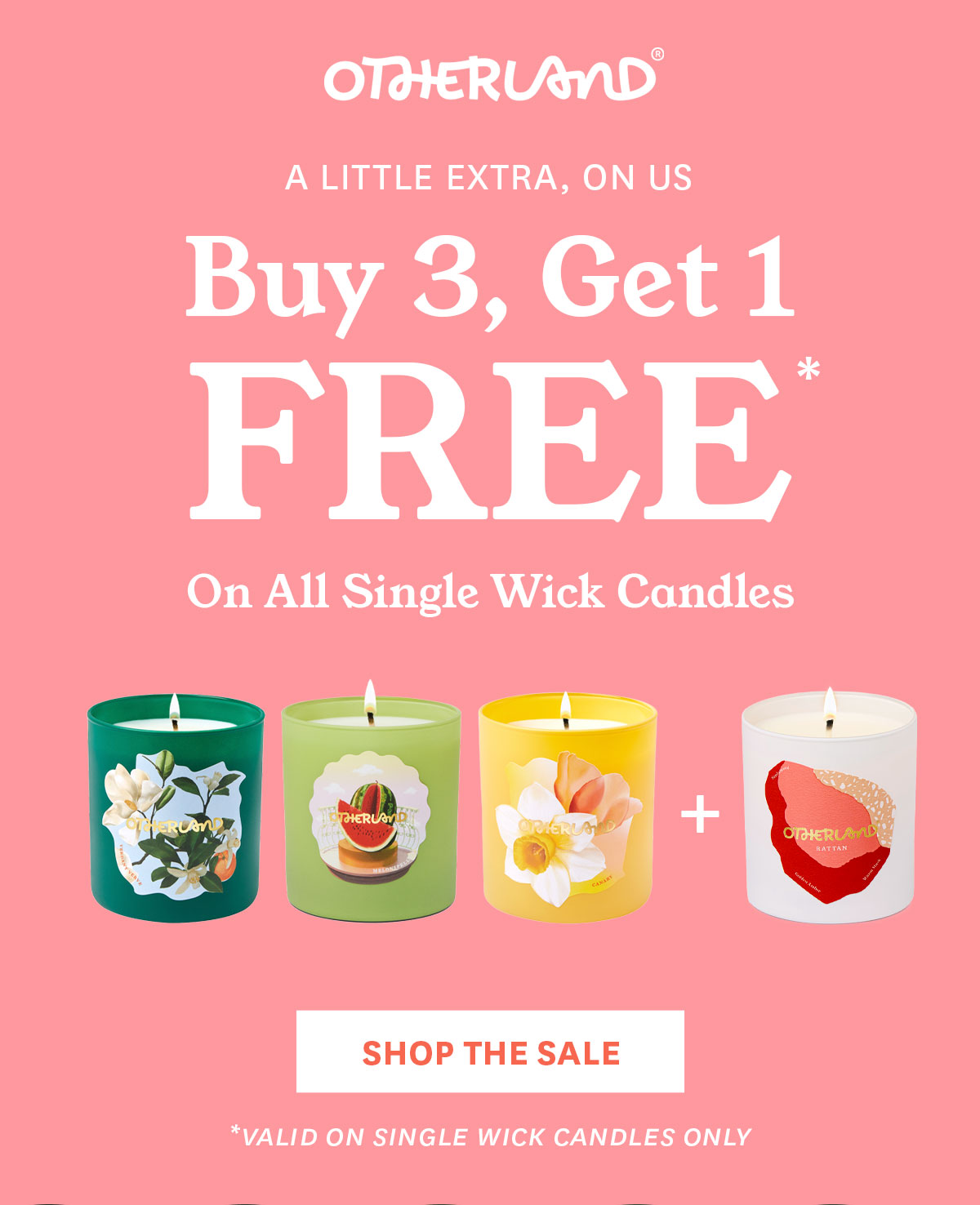 Buy 3, Get 1 Free on Single Wick Candles. Shop the Sale.