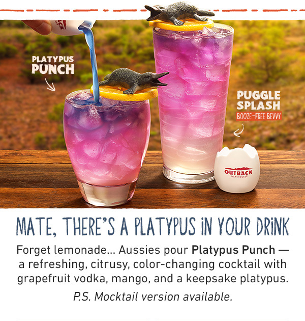 Mate, There's A Platypus In Your Drink - Forget lemonade...Aussies pour Platypus Punch -- a refreshing, citrusy, color-changing cocktail with grapefruit vodka, mango, and a keepsake platypus. P.S. Mocktail version available.