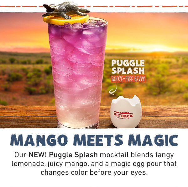 Puggle Splash Booze-Free Bevvy - Mango Meets Magic - Our NEW! Puggle Splash mocktail blends tangy lemonade, juicy mango, and a magic egg pour that changes color before your eyes.