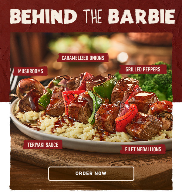 Behind The Barbie - Filet Medallions, Grilled Peppers, Caramelized Onions, Mushrooms, Teriyaki Sauce - Order Now