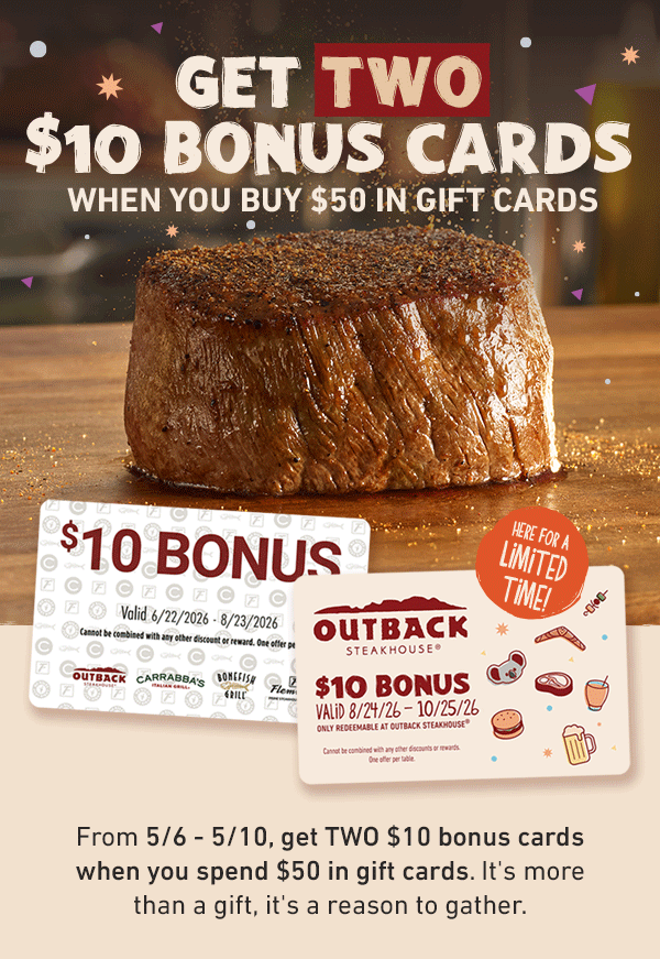 GET TWO $10 BONUS CARDS WHEN YOU BUY $50 IN GIFT CARDS - Here for a limited time! From 5/6-5/10, get TWO $10 bonus cards when you spend $50 in gift cards. Give the people you love one more reason to say Cheers, mate!