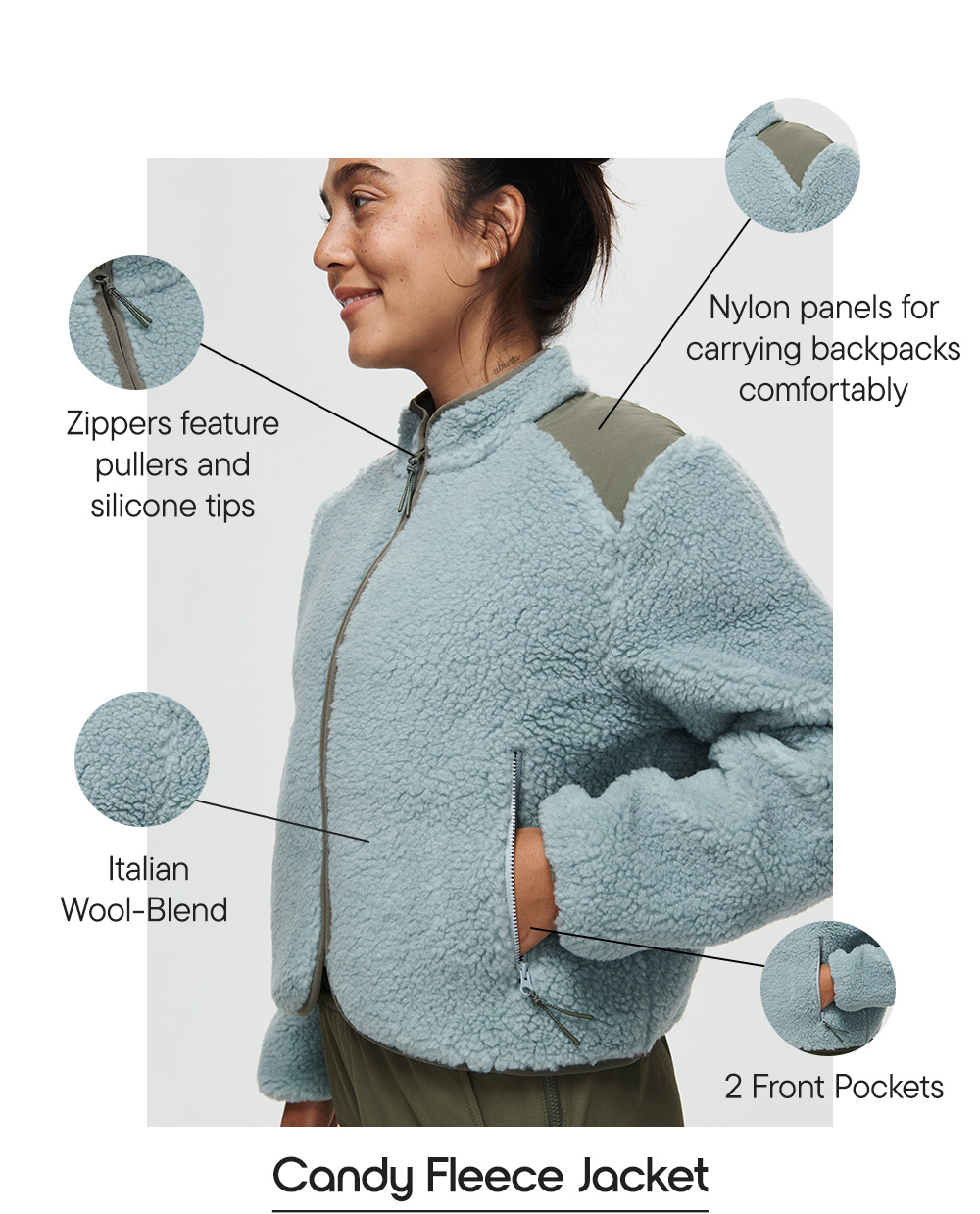 Candy Fleece Jacket​  Nylon panels for carrying backpacks comfortably​  Zippers feature pullers and silicone tips​  Italian Wool-Blend​  2 Front Pockets