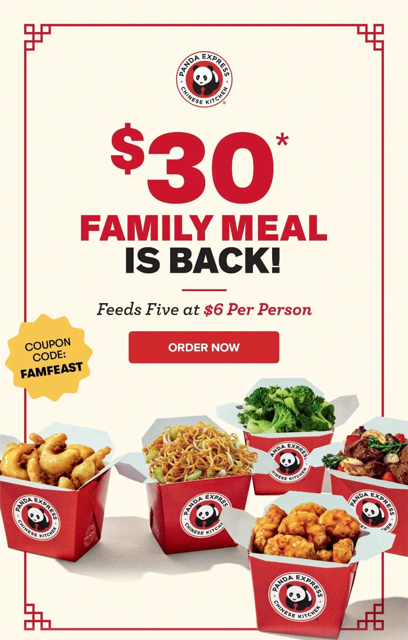 $30* Family Meal Is Back! - Feeds Five at $6 Per Person - Coupon Code: FAMFEAST - Order Now