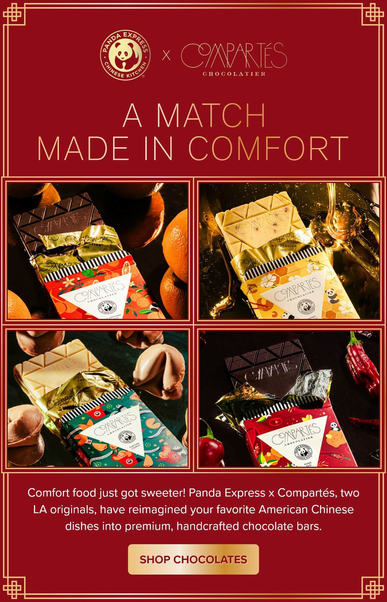 Panda Express x Compartés Chocolatier | A MATCH MADE IN COMFORT | THE ORIGINAL ORANGE BAR | HONEY WALNUT BAR | FORTUNE COOKIE BAR | KUNG PAO BAR | Comfort food just got sweeter! Panda Express x Compartés, two LA originals, have reimagined your favorite American Chinese dishes into premium, handcrafted chocolate bars. | SHOP CHOCOLATES