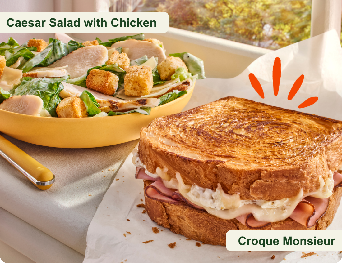 Cesar salad with chicken and Croque Monsieur sandwich.