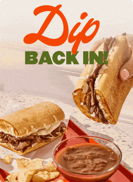 An animated GIF with the title Dip Back in, and a sandwich being dipped in sauce/