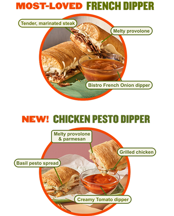An animated GIF with the title Dip Back in, and a sandwich being dipped in sauce/