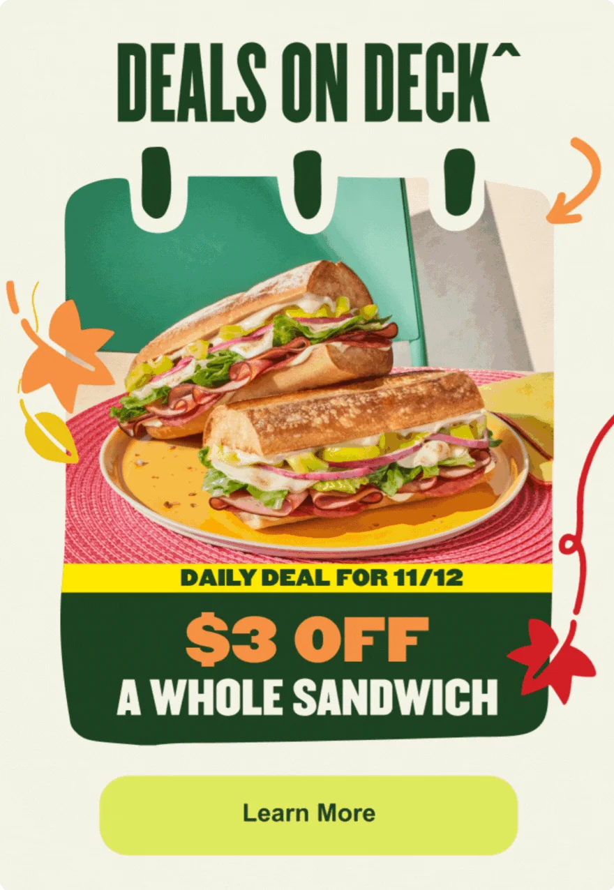 A MyPanera Days promotional banner titled DEALS ON DECK, showing two halves of a whole sandwich with meat, cheese, and vegetables on a plate. The text announces a DAILY DEAL FOR 11/12 for $3 OFF A WHOLE SANDWICH, with a Learn More button at the bottom.
