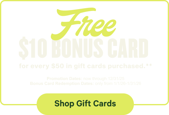 A black promotional banner offering a Free $10 BONUS CARD for every $50 in gift cards purchased. The Promotion Dates are listed as now through 12/31/25, and Bonus Card Redemption Dates are only from 1/1/26-1/31/26. There is a Shop Gift Cards call-to-action button at the bottom.