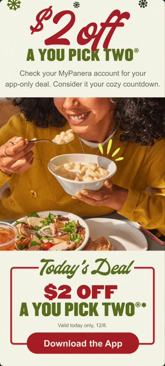 A holiday promotional banner for the MyPanera App-y Holidays: 12 DAYS OF DEALS event, running from 12/8 - 12/19. The text on the right side reads 'Tis the season for extra savings and extra cheer! A separate promotional image advertises a $2 Off A You Pick Two® deal. The image features a woman smiling while eating mac and cheese, with a salad in the foreground, and a red-bordered box at the bottom stating Today's Deal $2 OFF A YOU PICK TWO®*, valid today only, 12/8, with a Join Today button.
