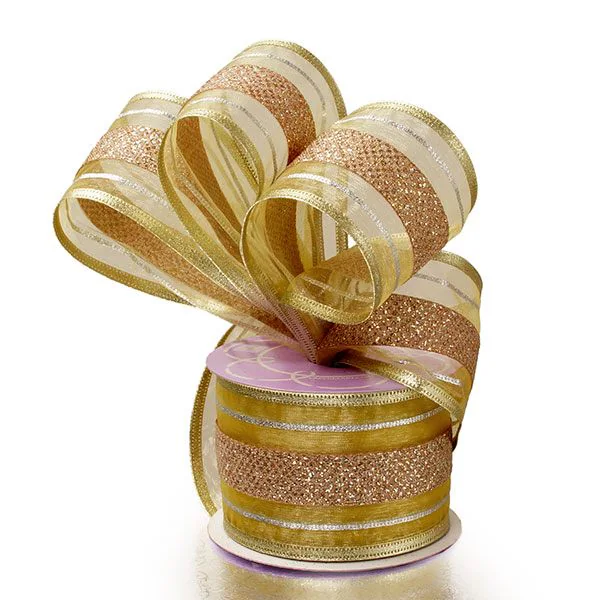 2.5" x 10 yd Gold Stripe Wired Ribbon