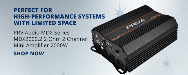 Perfect for high-performance systems with limited space—PRV Audio MDX Series MDX2000.2 2 Ohm 2 Channel Mini Amplifier 2000W. SHOP NOW