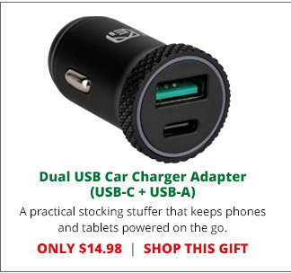 Dual USB Car Charger Adapter (USB-C + USB-A)—A practical stocking stuffer that keeps phones and tablets powered on the go. ONLY $14.98. SHOP THIS GIFT