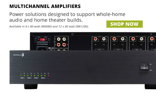 Multichannel Amplifiers—Power solutions designed to support whole-home audio and home theater builds. Available in 8 x 80 watt (MA880) and 12 x 80 watt (MA1280). SHOP NOW