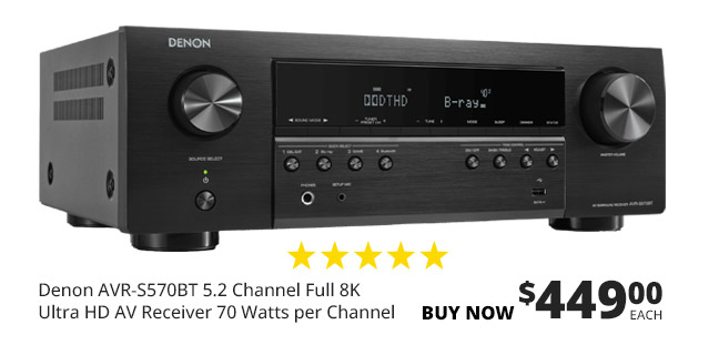 Denon AVR-S570BT 5.2 Channel Full 8K Ultra HD AV Receiver 70 Watts per Channel, $449.00 each. BUY NOW