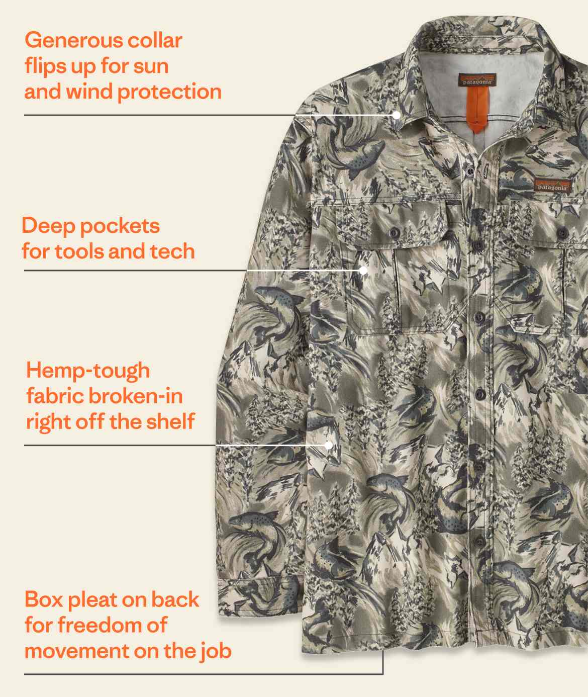 The Farrier’s Shirt features a generous collar that flips up for sun and wind protection; deep pockets for tools and tech; hemp-tough fabric that’s broken in right off the shelf; and a box pleat on the back for freedom of movement.  