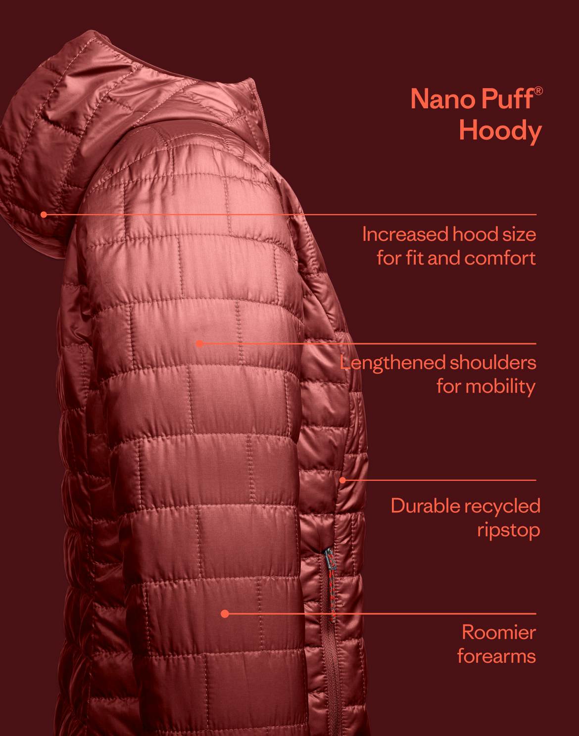 Nano Puff Hoody. Increased hood size for fit and comfort. Lengthened shoulders for mobility. Roomier forearms. Durable recycled ripstop.