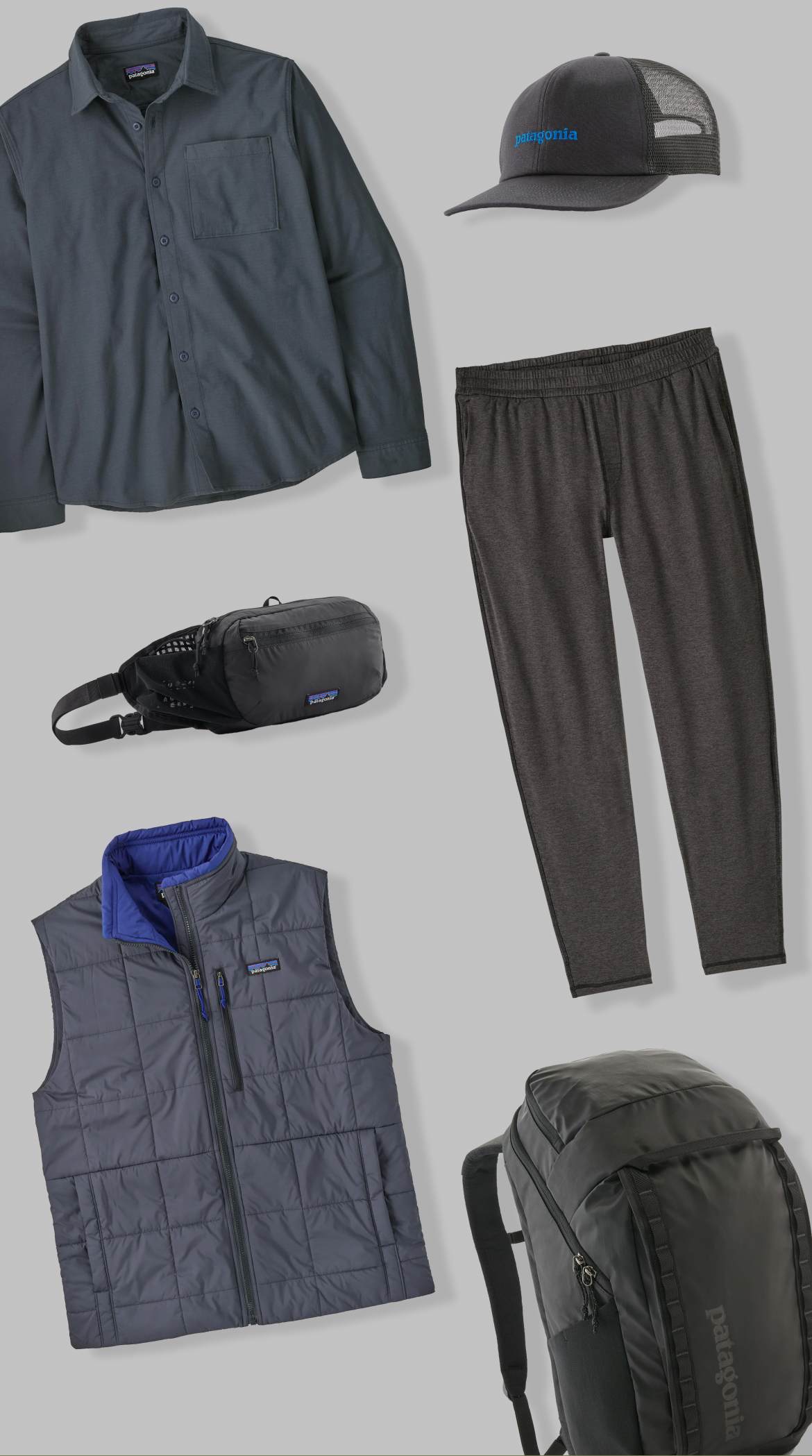 A collection of men’s travel clothing and gear. 