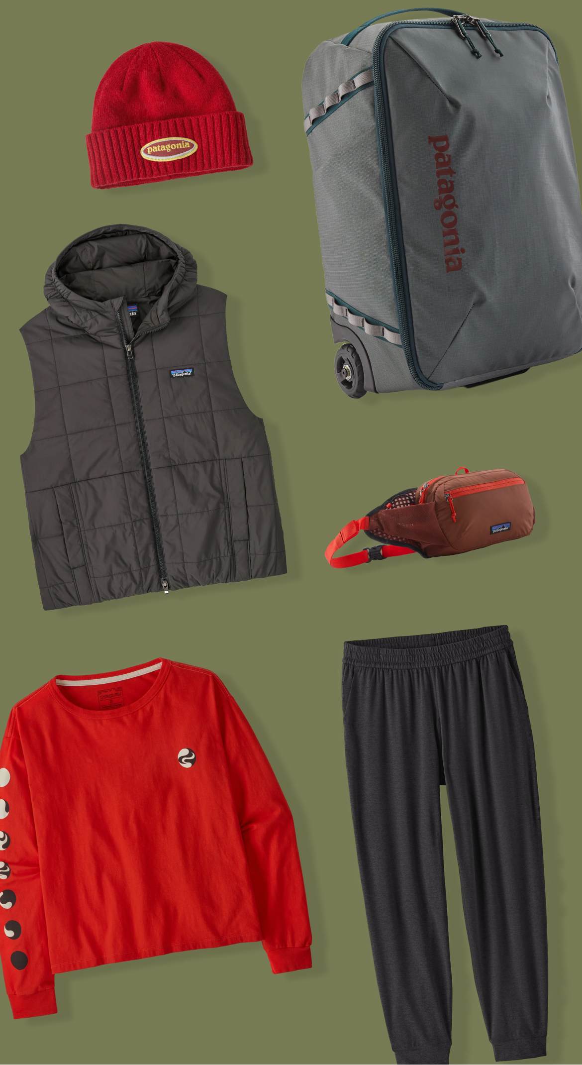 A collection of women’s travel clothing and gear.