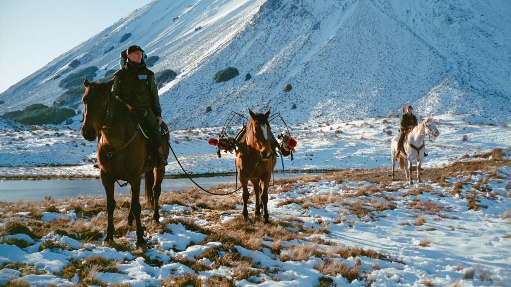 Two people on horseback lead a third horse that carries skis across snowy terrain.