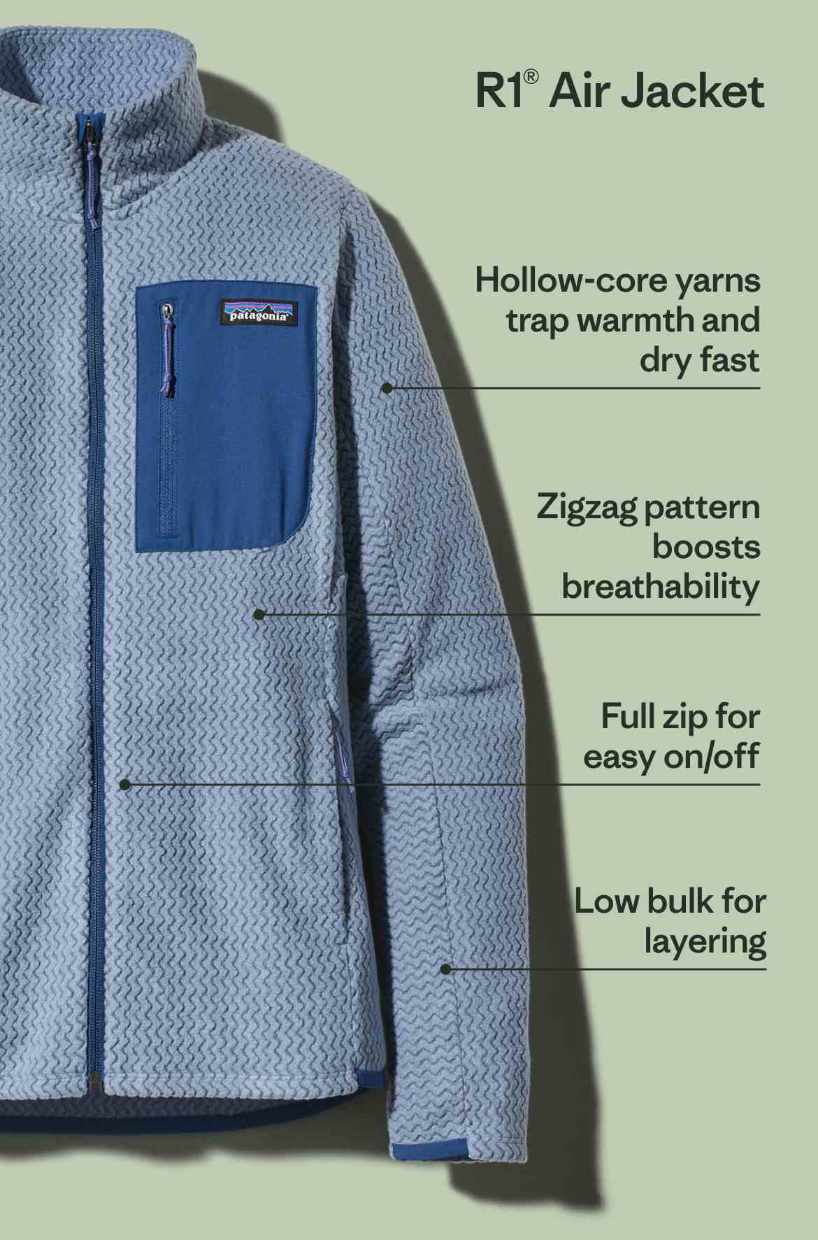 The R1 Air Jacket features hollow-core yarns that trap warmth and dry fast, zigzag patterned fleece that boosts breathability, a full-length zipper for easy on/off, and low bulk for layering under a shell.