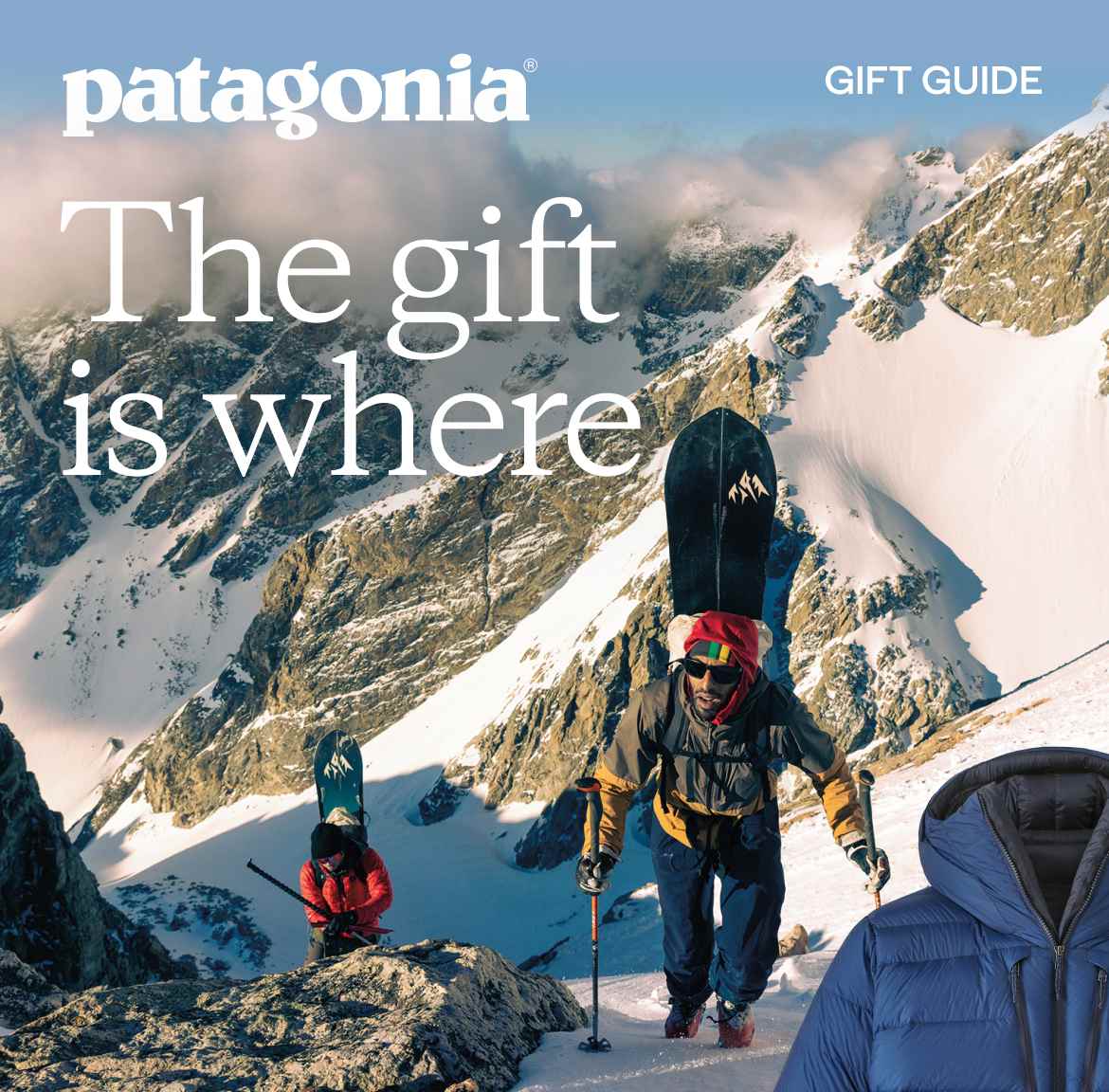 Patagonia. Two splitboarders hiking up the Tetons