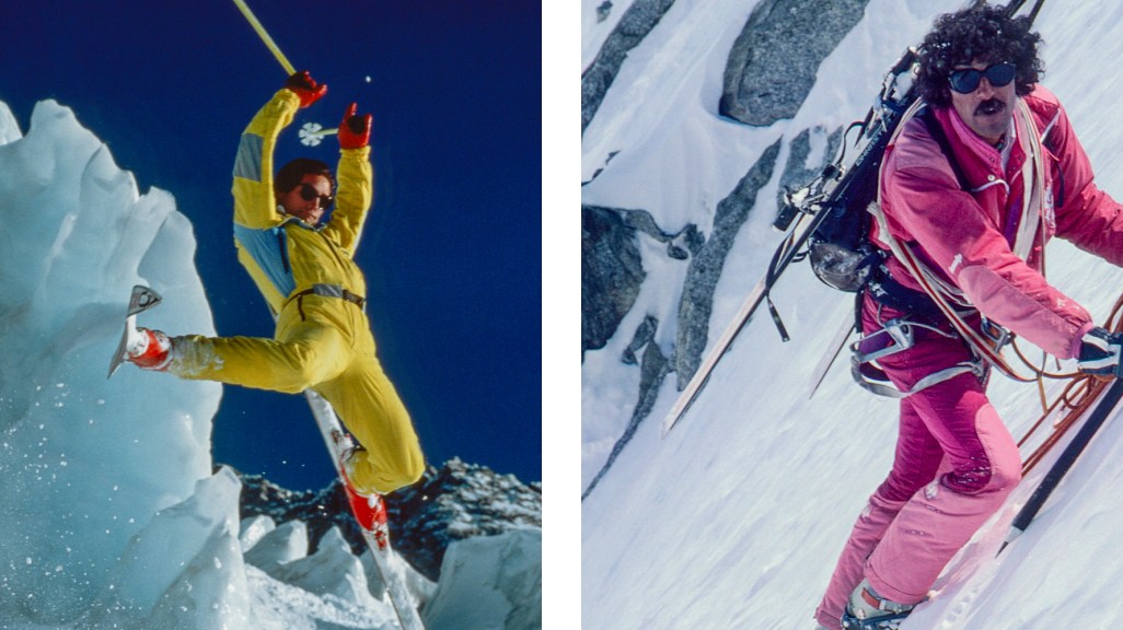 A skier catches air and a person climbs a snowy mountain.