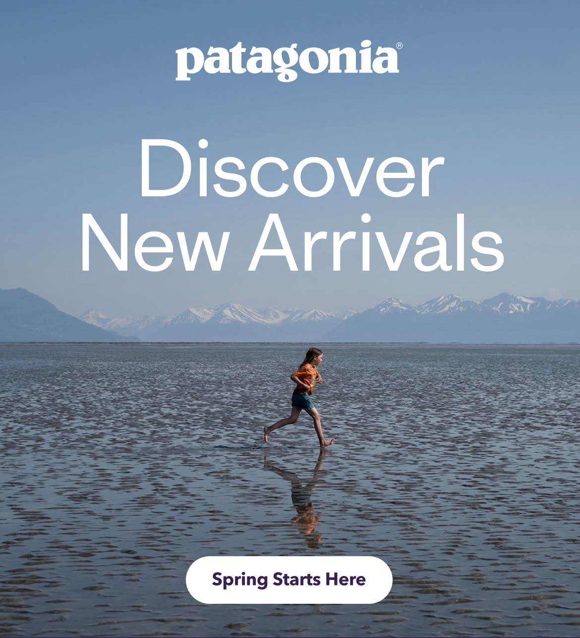 Patagonia. Discover New Arrivals. A person runs across a tidal flat at low tide.