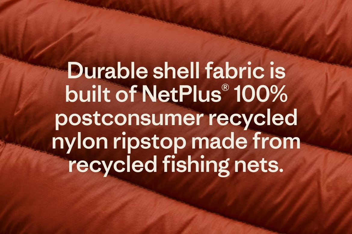 Durable shell fabric is built of NetPlus® 100% postconsumer recycled nylon ripstop made from recycled fishing nets.