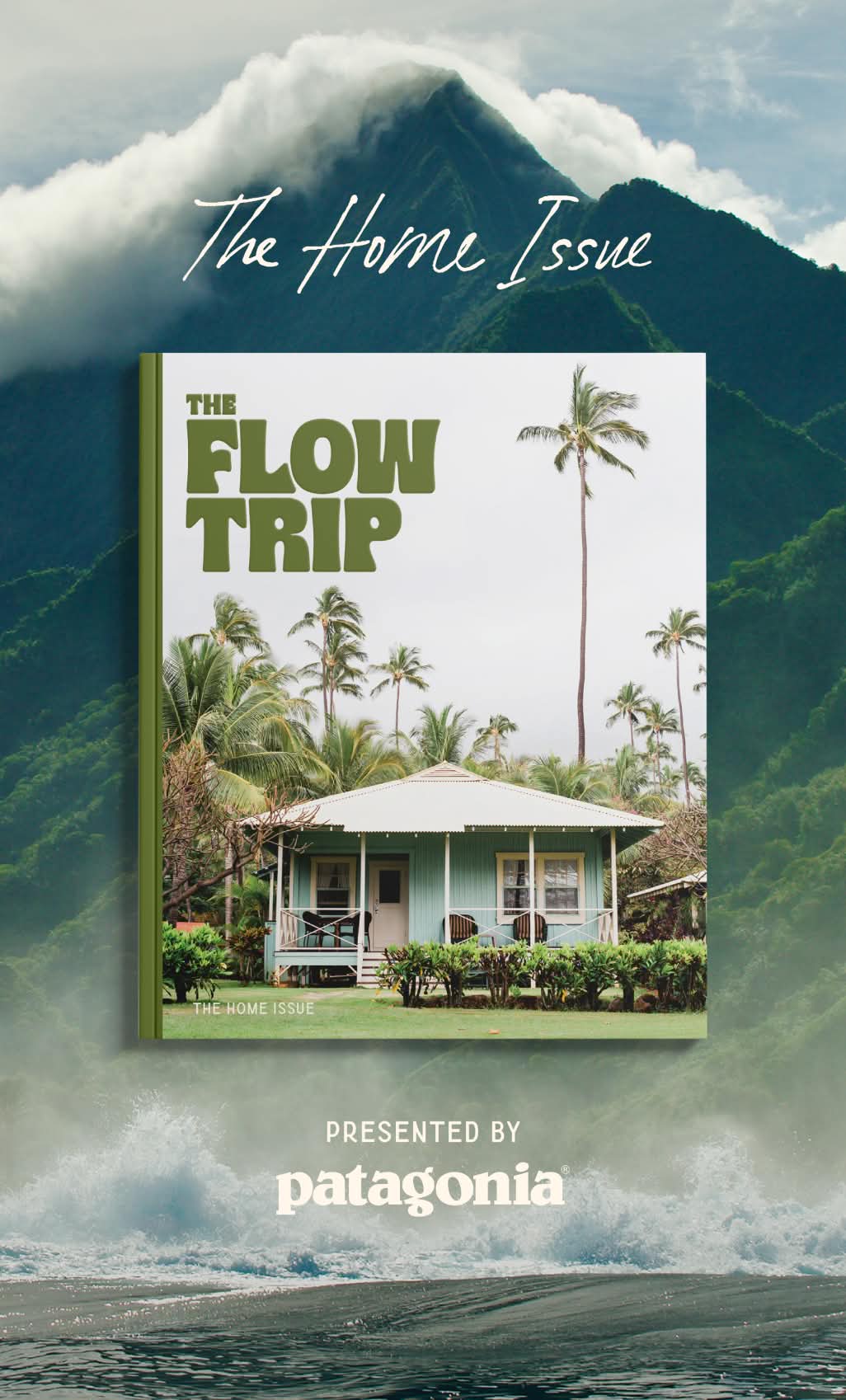 A photo of The Flow Trip magazine superimposed over a photo of a breaking wave with mountains in the background.