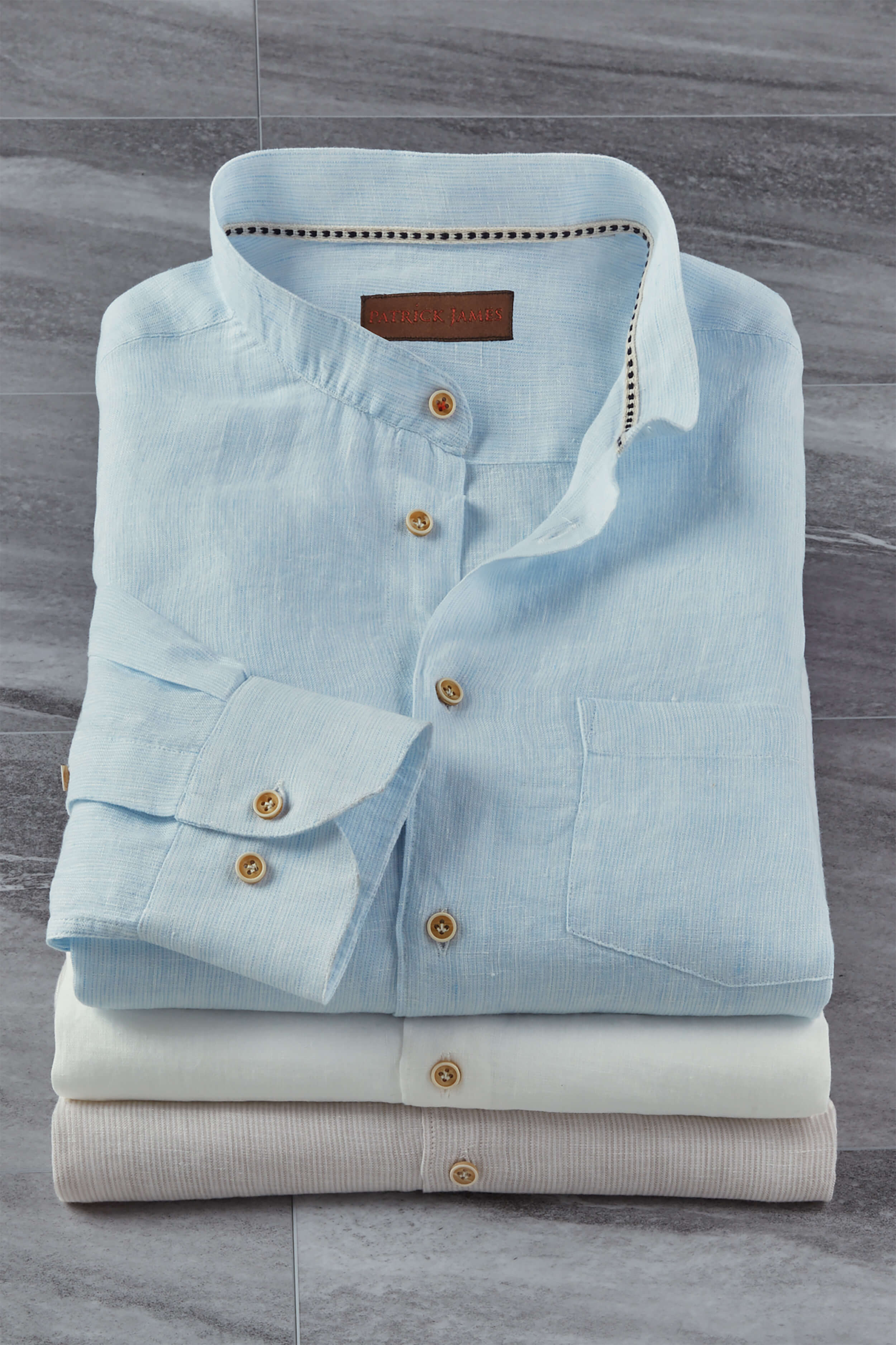 Image of Long Sleeve Mini Stripe Banded Collar Linen Shirt