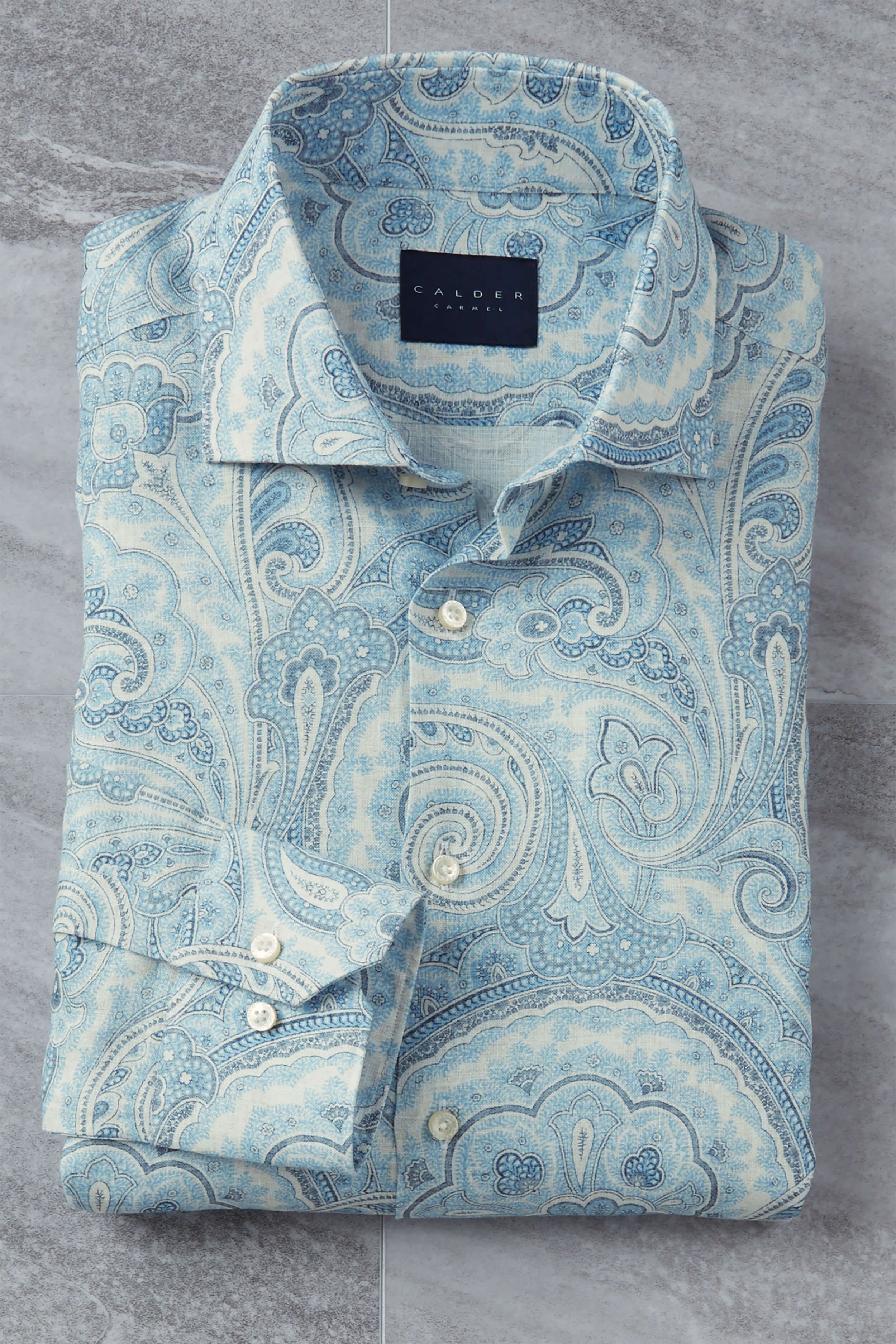 Image of Calder Long Sleeve Spread Collar Paisley Linen Shirt